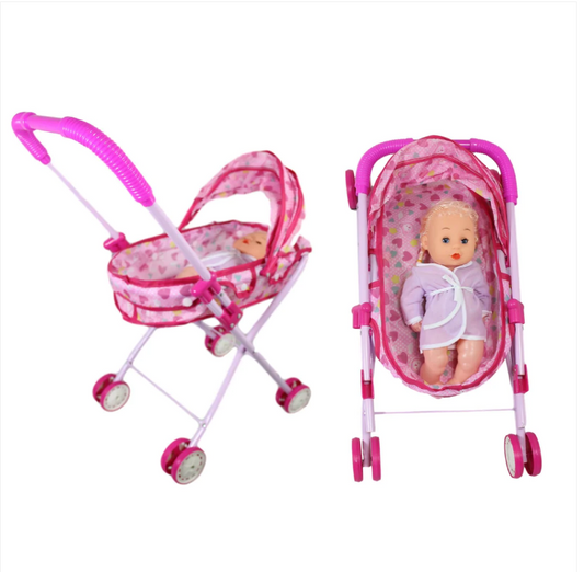 Childrens Baby Doll Girls Playing Pram Childcare Foldable Pram And Baby Pink