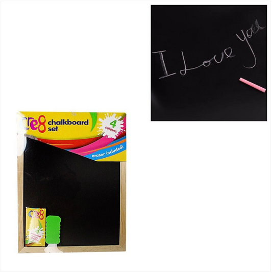 Childrens Black Chalkboard Set Includes 4 Coloured Chalks & Eraser 30cm x 23cm