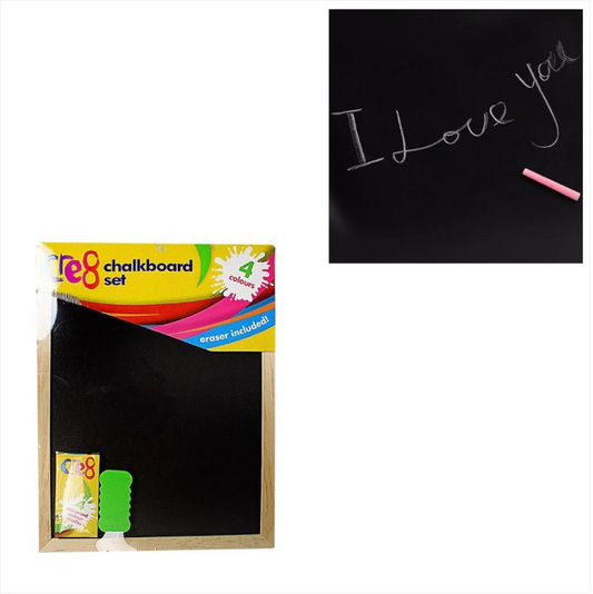 Childrens Black Chalkboard Set Includes 4 Coloured Chalks & Eraser 30cm x 23cm