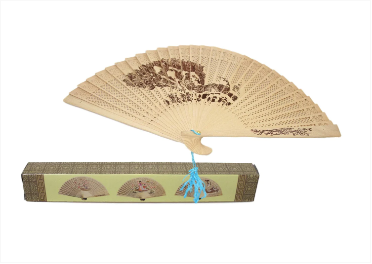 Chinese Fan Vintage Traditional Style Beige Wooden Chinese Fan 37cm