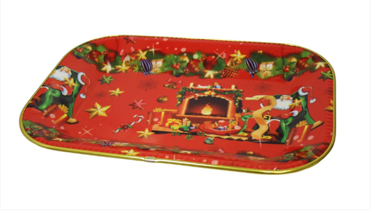 Christmas Festive Serving Tray Xmas Print Plastic Serving Gold Rim Tray 30cm x 23cm