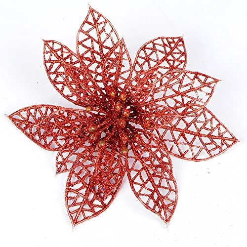 Christmas Tree Decoration Poinsettia Flower Glitter with Clip Assorted Colours