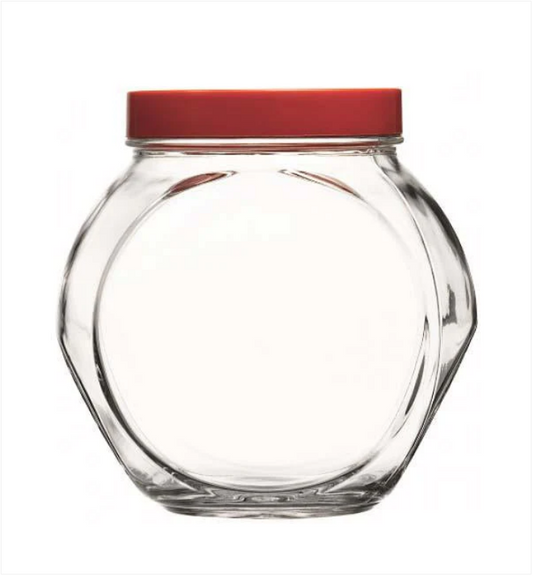 Clear Glass Bella Jar With Red Lid Sweets Food Storage Glass Jar With Plastic Lid 1.5 Litre