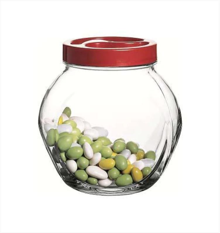 Clear Glass Bella Jar With Red Lid Sweets Food Storage Glass Jar With Plastic Lid 2 Litre