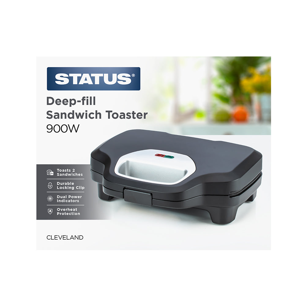 Cleveland - Black - 900w - Deep Filled - Sandwich Toaster - 2 Plate - Non Stick - Cool Wall - 1 pk - in Glossy Retail Box