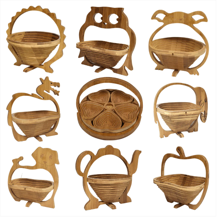 Collapsible Foldable Bamboo Fruit Basket Folding Wood Stand Display Bowl Trivet