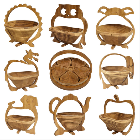 Collapsible Foldable Bamboo Fruit Basket Folding Wood Stand Display Bowl Trivet