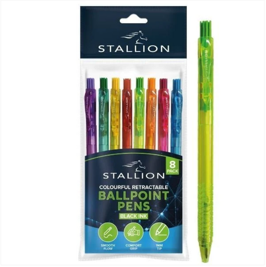 Colourful Retractable 1mm Ballpoint Pens 8pk Black Ink