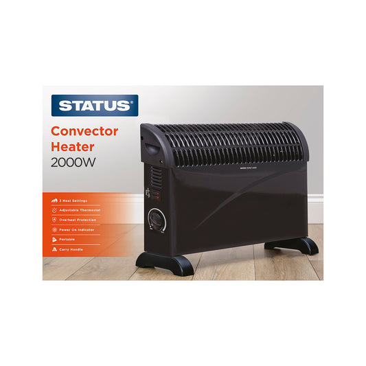 Convector Heater - 2000w - Black - 3 Heat Settings - with Adjustable Thermostat - 1 pk - in Glossy Retail Box