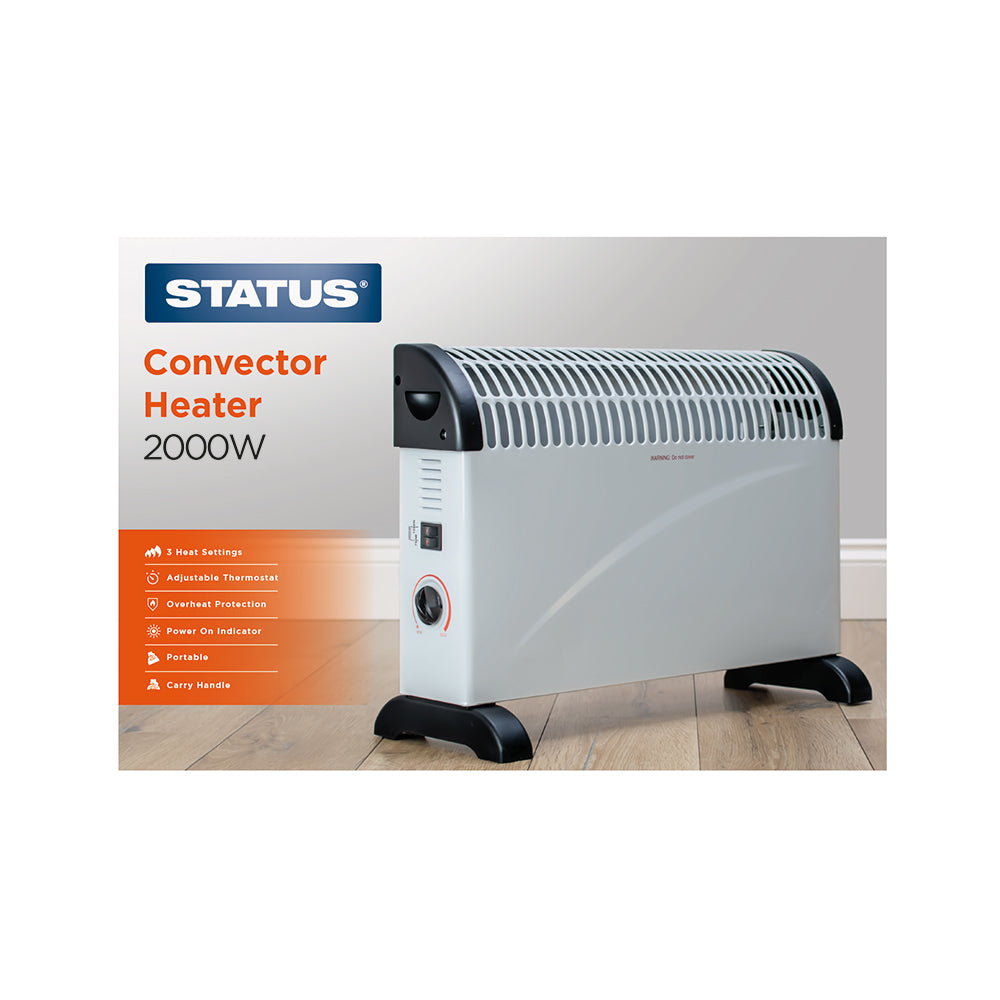 Convector Heater - 2000w - White - 3 Heat Settings - with Adjustable Thermostat - 1 pk - in Glossy Retail Box