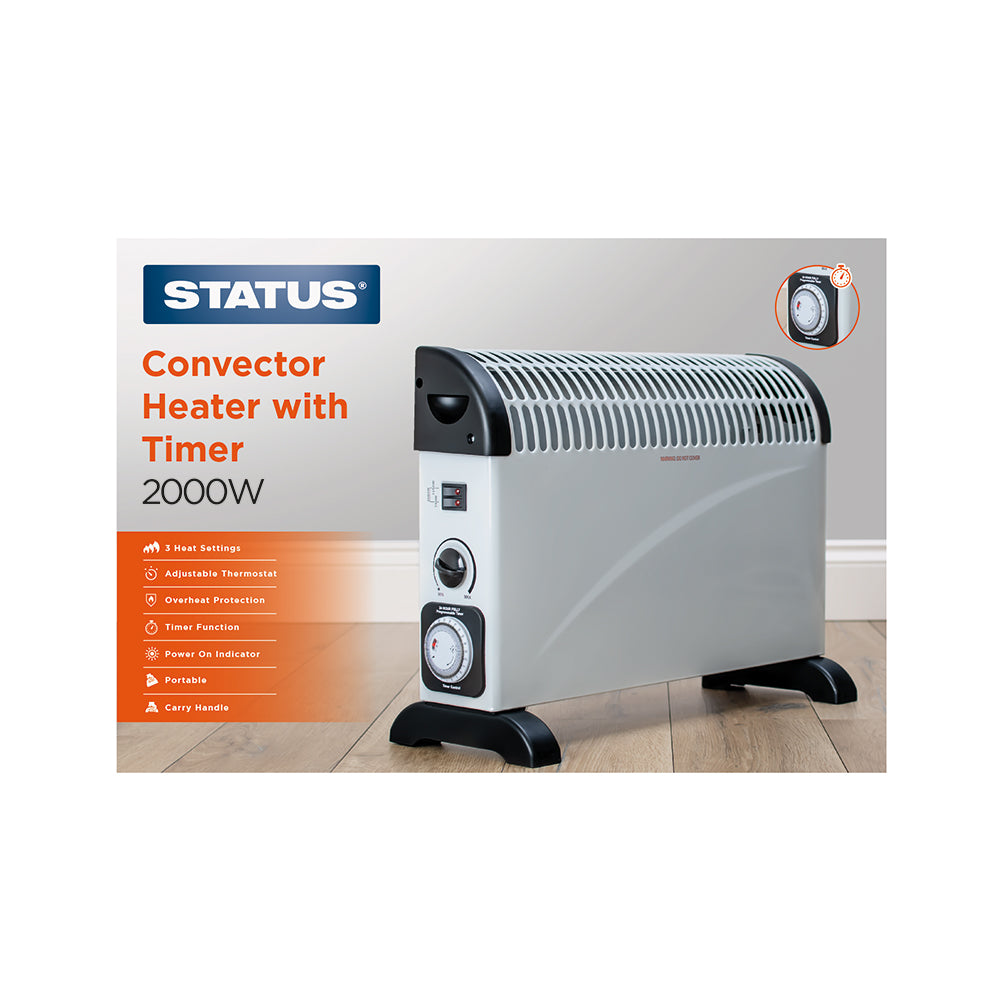 Convector Heater with Timer - 2000w - White - 3 Heat Settings - with Adjustable Thermostat - 1 pk - in Glossy Retail Box