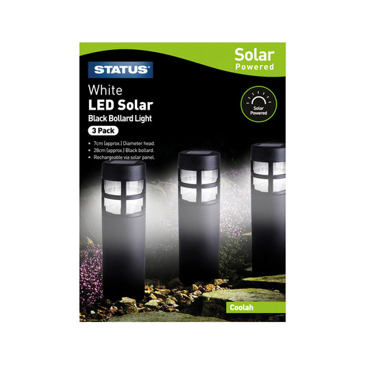 Coolah - 7cm - white LED - Solar - Bollard Stake Light - Black - Rechargeable Battery Included - 3 pack box
