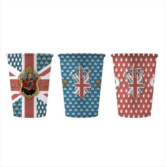 Coronation "His Majesty King Charles III" Vintage Style Union Jack Flag Paper Cups Pack of 8 Assorted Designs