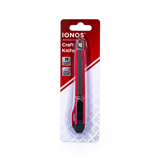 Craft Knife - carbon steel blade - snap off blade - red plastic housing - removeable black cap for blade snapping - blister card - Ionos - 1 pk