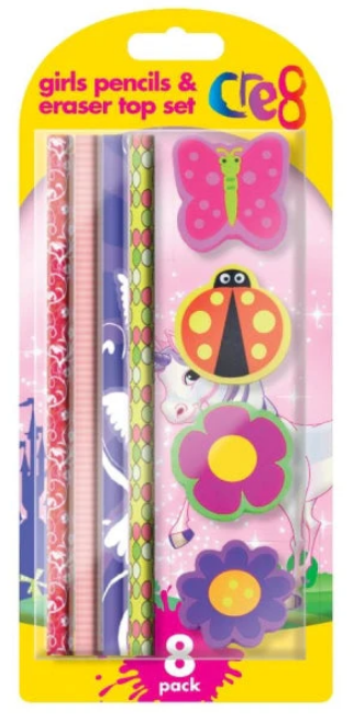 Cre8 Girls Pencil and Eraser Set Pack of 8