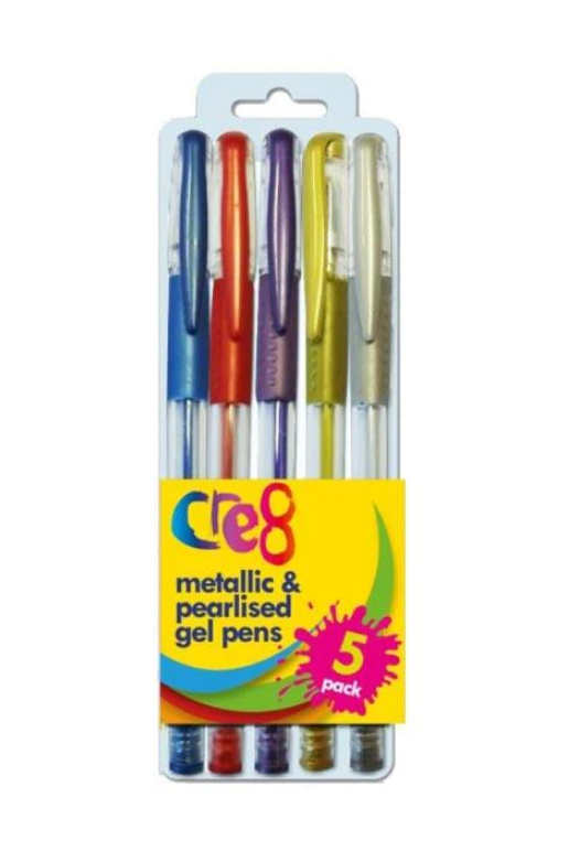 Cre8 Metallic and Pearlised Gel Pens Pack of 5 Assorted Colours