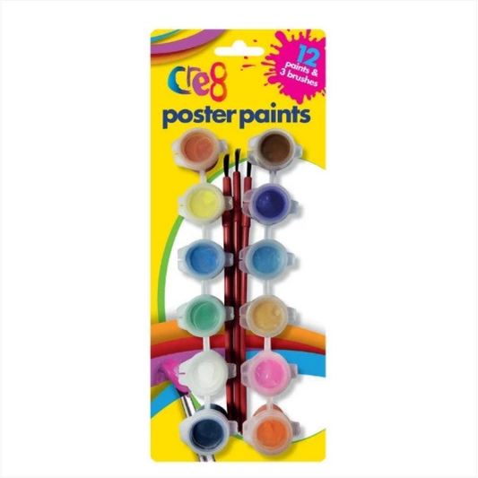 Cre8 Poster Paints Childrens Fun 12 Colours With Brushes