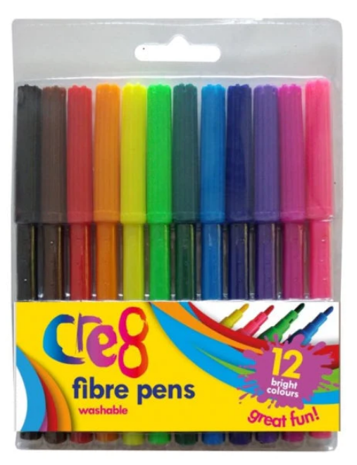 Cre8 Washable Fibre Pens Pack of 12 Assorted Colours