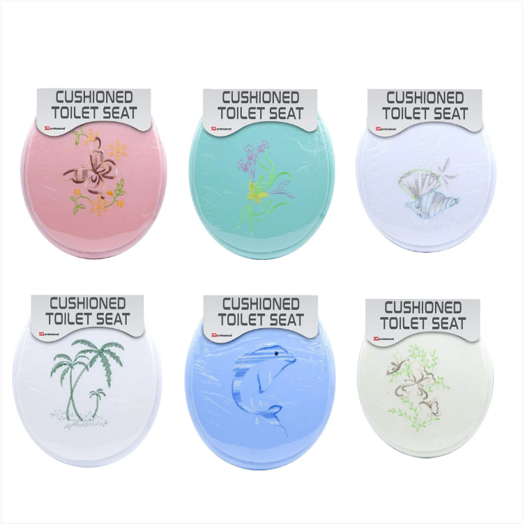 Cushioned Toilet Seat Assorted Embroidery Design Mixed Colours Random Sent x 1
