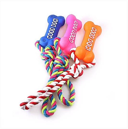 Cute Dog / Puppy Bone Toy 'Good Dog' with Rope Chewing Squeezable Toy Assorted Colours