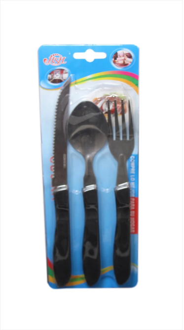 Cutlery Set 3 Pack Knife Spoon Fork Dinner Table Dining Cutlery Set Black Handle 20cm
