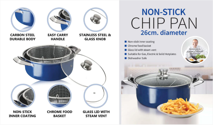 DGI Non Stick Chip Pan with Glass Lid 26 cm Blue