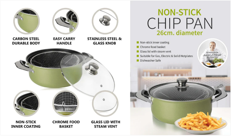 DGI Non Stick Chip Pan with Glass Lid 26 cm Olive