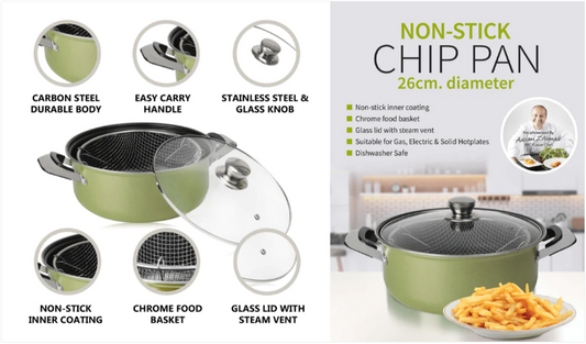 DGI Non Stick Chip Pan with Glass Lid 26 cm Olive