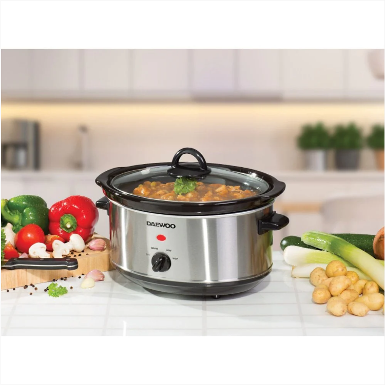 Daewoo 3.50 Litre Slow Cooker Removable Ceramic Pot Glass Lid Stainless Steel