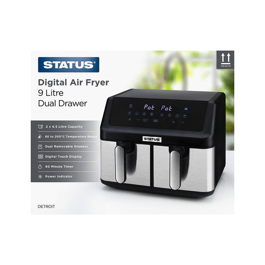 Detroit-9 litre Dual Pot (4.5+4.5)- Black -Digital- 1000W + 1000W- Air Fryer - 1 pk - in Glossy Retail Box