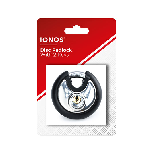Disc Padlock - round rubber coat - hardened steel shackle - solid brass cylinder locking mechanism - 2 steel keys - Ionos - 1 pk - in a Trapped Box