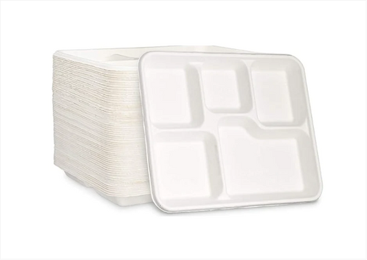 Disposable Compostable Eco-Bio Bagasse Sugarcane 5 Compartment Shallow Tray Pack of 25