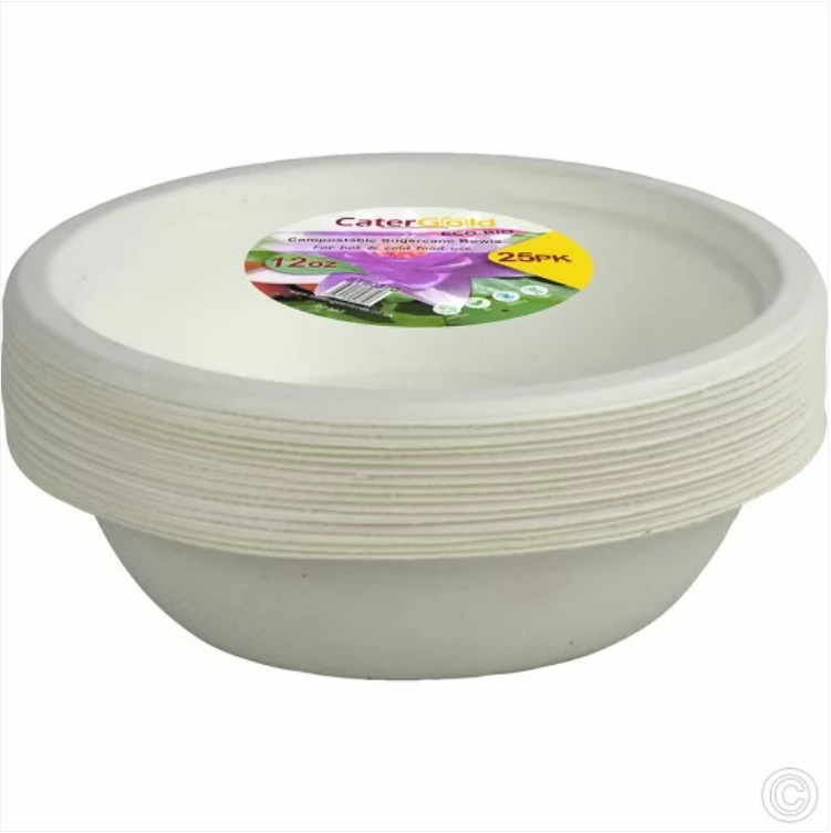 Disposable Compostable Eco-Bio Bagasse Sugarcane Bowls 12oz Pack of 25