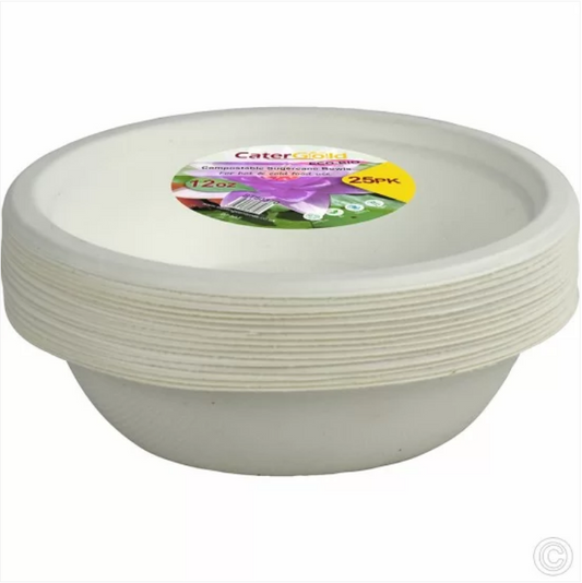 Disposable Compostable Eco-Bio Bagasse Sugarcane Bowls 12oz Pack of 25