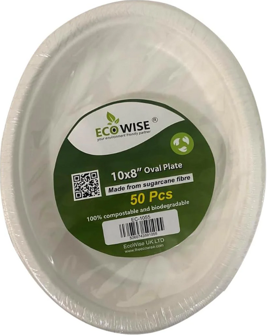 Disposable Compostable Eco-Bio Bagasse Sugarcane Oval Plate 10 x 8" Pack of 50