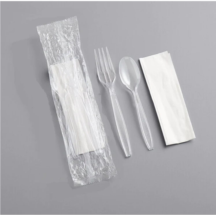 Disposable Fork Spoon and Napkin Set Clear Plastic Individually Wrapped