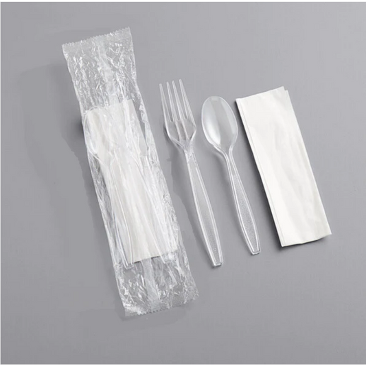 Disposable Fork Spoon and Napkin Set Clear Plastic Individually Wrapped