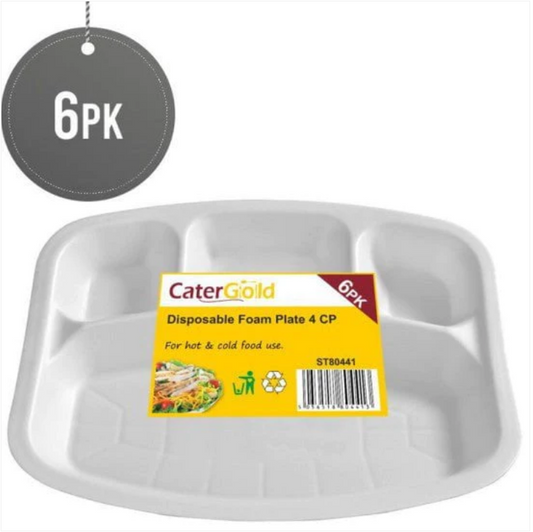 Disposable Polystyrene Foam Plate 4 Sections Pack of 6