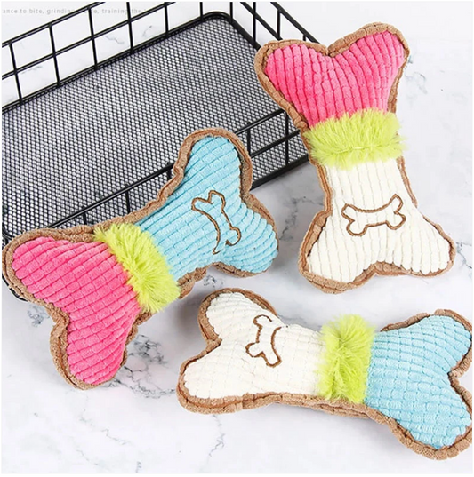 Dog Soft Toy Dog Bone With Green Fuzz 15cm Squeaky Assorted Colours