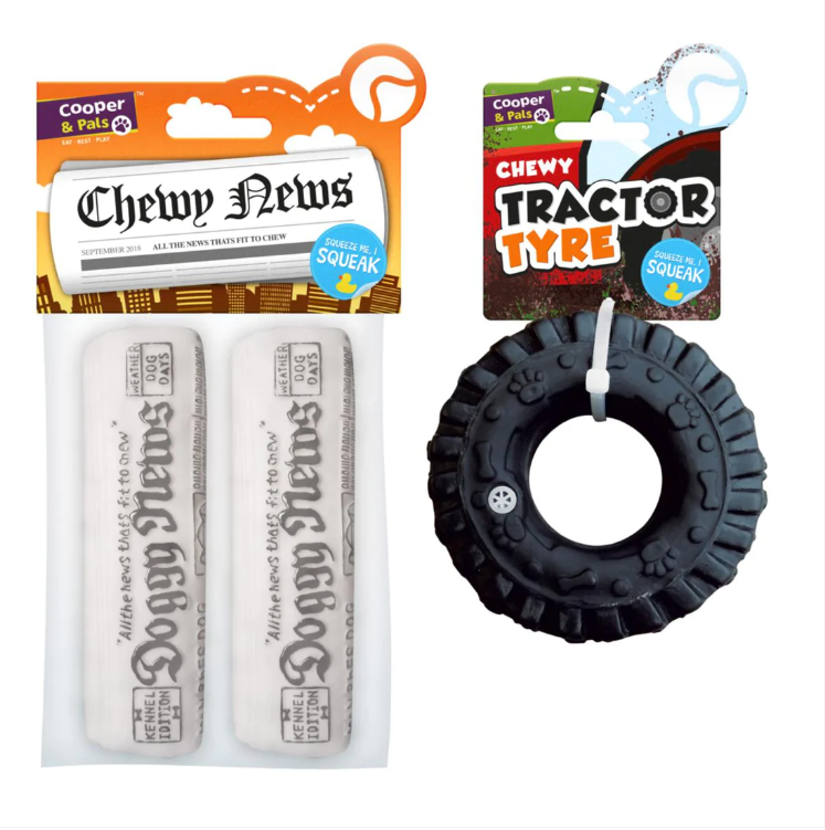 Dog Toys Squeaky Tractor Tyre / Newspaper Assorted Designs