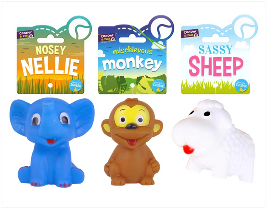 Dog Vinyl Squeaky Toys 3 Assorted Designs Sheep Elephant Monkey