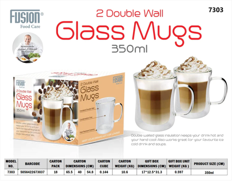 Double Wall Glass Mugs with Handle 350ml Set of 2
