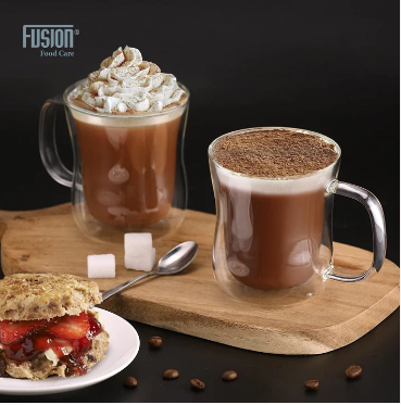 Double Wall Glass Mugs with Handle 350ml Set of 2