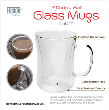 Double Wall Glass Mugs with Handle 350ml Set of 2