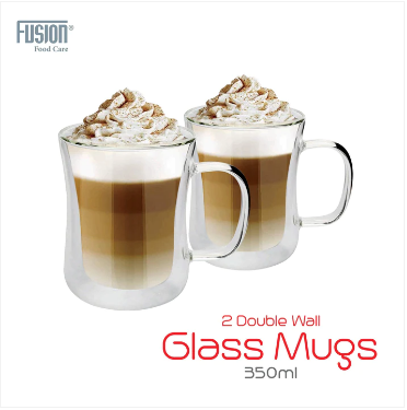 Double Wall Glass Mugs with Handle 350ml Set of 2