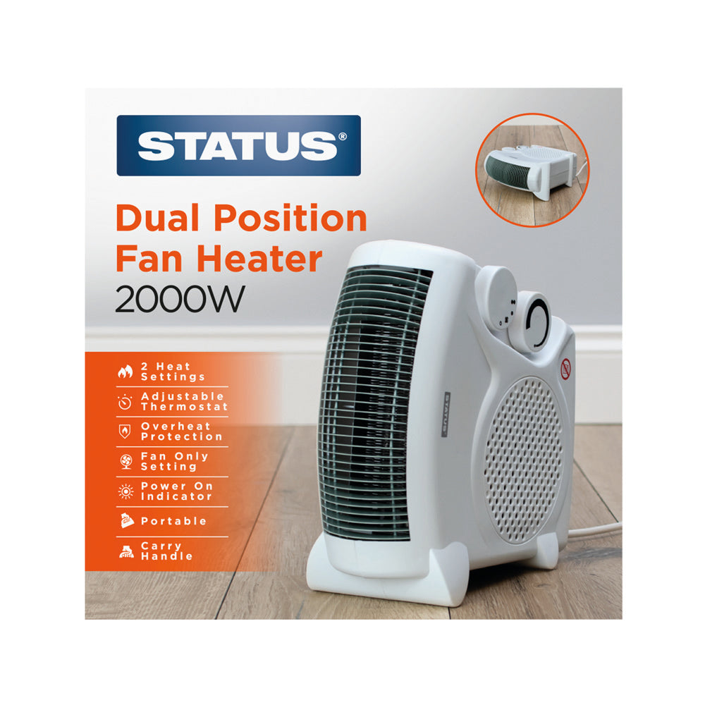 Dual Position Fan Heater - 2000w - White - 2 Heat Settings - with Adjustable Thermostat - 1 pk - in Glossy Retail Box - 6pks per Outer Case