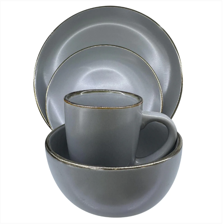 Durane Gold Rim Dinnerware Set 16pc Grey