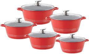 Durane Red Die Cast Stock Pot Set Stainless Steel Non Stick Coating And Handle 5 Pack