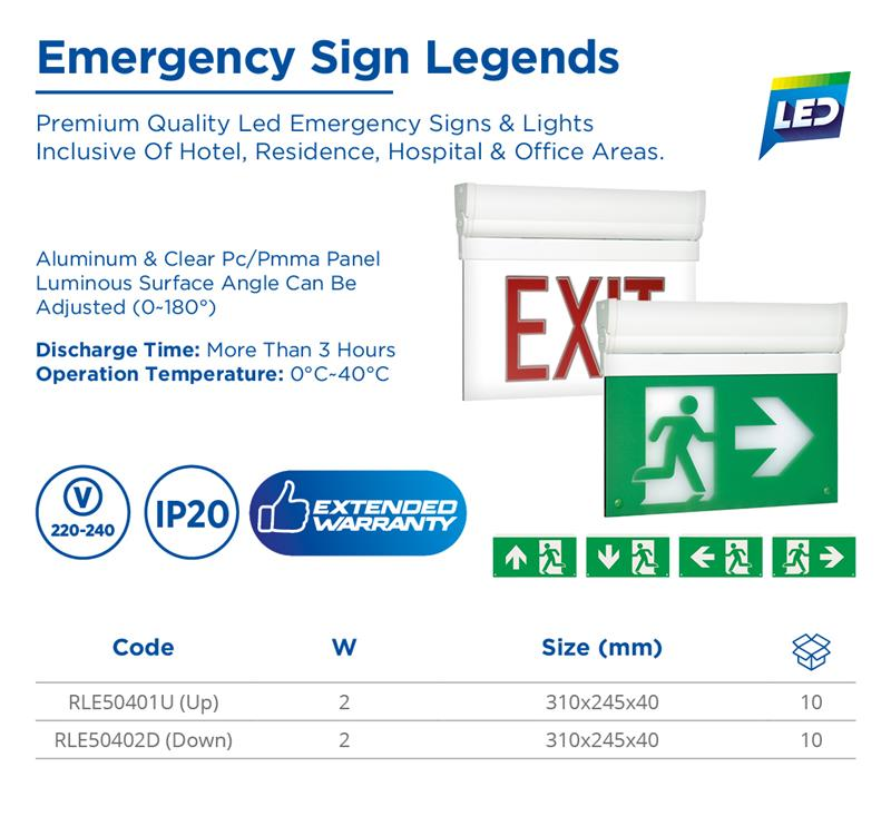 EMERGENCY SIGN LEGENDS DOWN, 2W,220-240V
