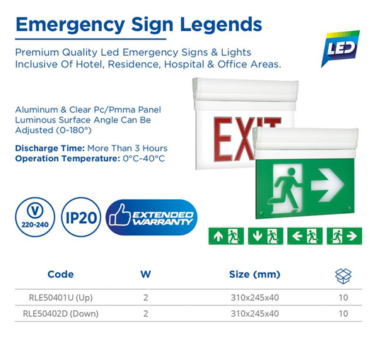 EMERGENCY SIGN LEGENDS DOWN, 2W,220-240V
